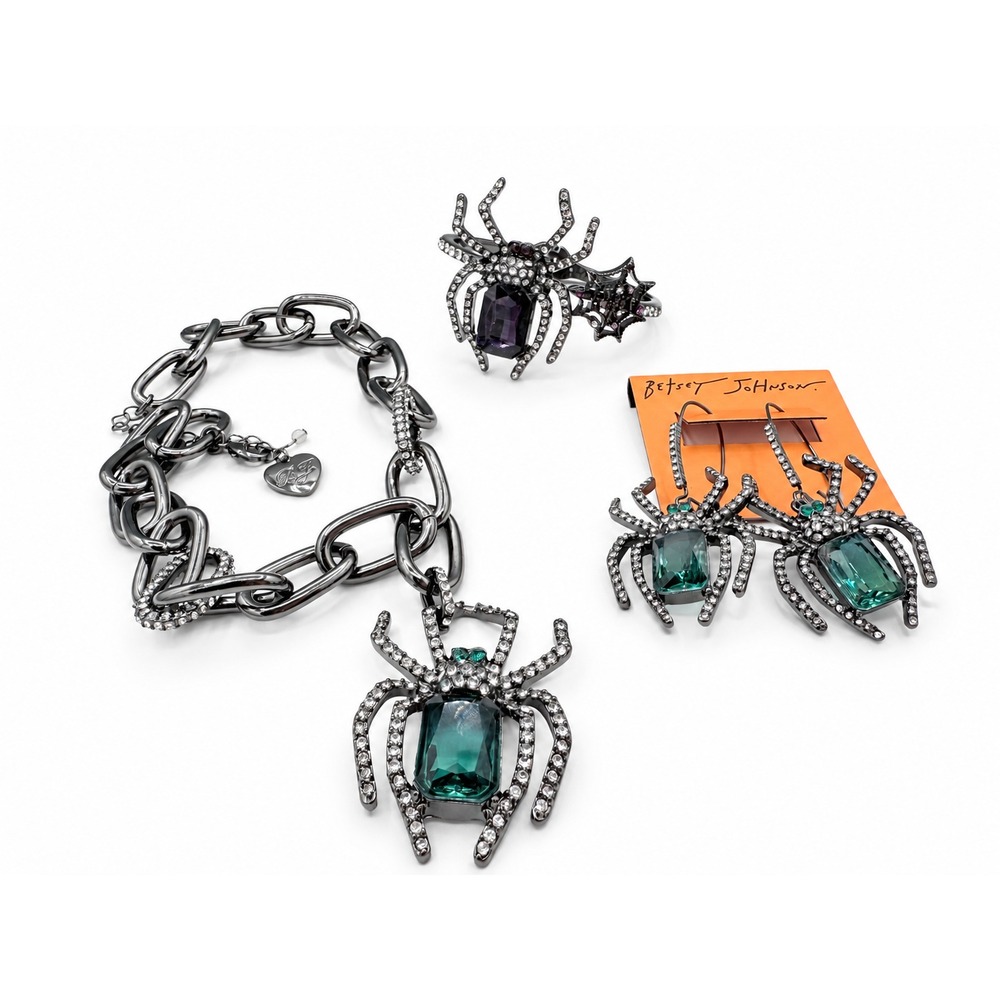 Betsey Johnson Rich Witch Spider Jewelry Set Gothic Green Purple Crystal